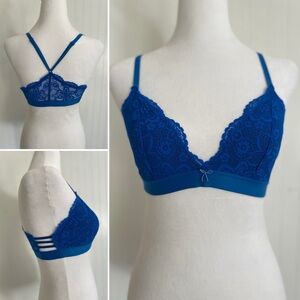AERIE Lace Racerback Cross Back Lined Bralette Bra Lingerie Cobalt Blue Size M